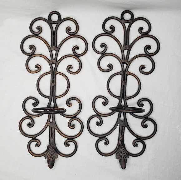 Two Vintage Scrolled Black Iron Wall Sconces Bronze Details - Picture 1 of 7